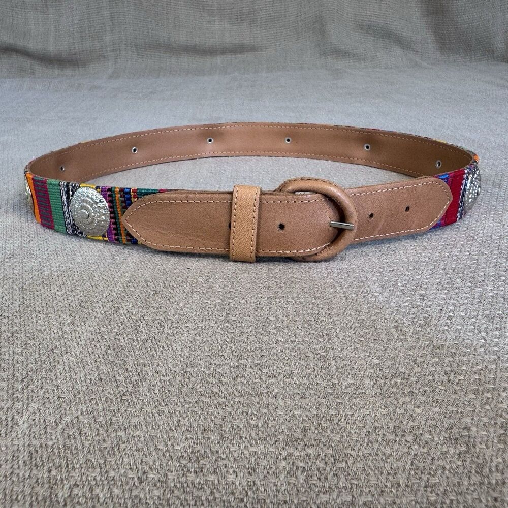 Vintage Boho Leather Belt Handwoven Medallion Belt Hippie Guatemala Sz S 553